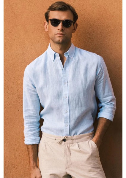 Erkek Buz Mavisi %100 Keten Düğmeli Yaka Modern Fit Cepsiz Gömlek