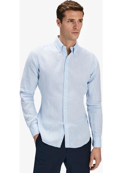 Erkek Buz Mavisi %100 Keten Düğmeli Yaka Modern Fit Cepsiz Gömlek fiyatları