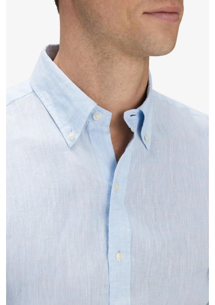 Erkek Buz Mavisi %100 Keten Düğmeli Yaka Modern Fit Cepsiz Gömlek modelleri
