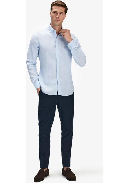 Erkek Buz Mavisi %100 Keten Düğmeli Yaka Modern Fit Cepsiz Gömlek fırsatları