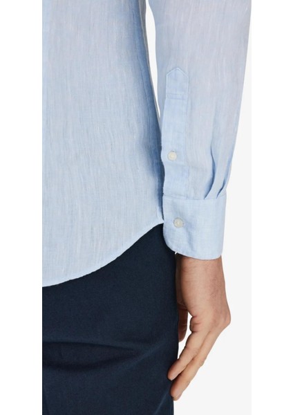 Erkek Buz Mavisi %100 Keten Düğmeli Yaka Modern Fit Cepsiz Gömlek indirimleri