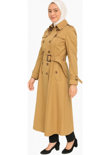 Tesettür Kadın Trençkot Camel Renk Uzun Model Kemerli modelleri