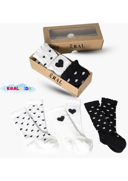 3 Çift Kutulu Kalp Desenli Bebek Çorabı - Uzun Pamuklu Çorap Seti / 6-18 Ay