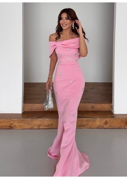 Nepali Taş Detaylı Abiye Elbise Pembe