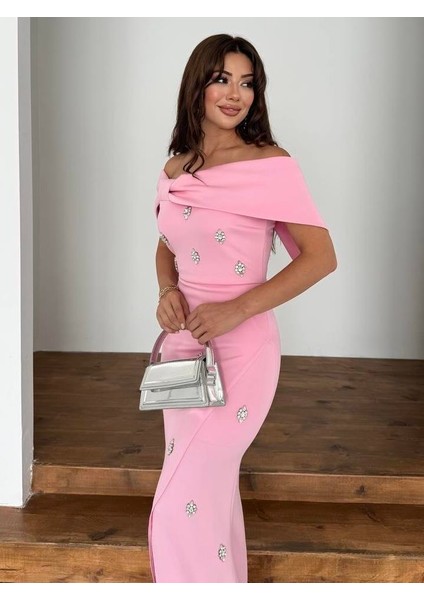 Nepali Taş Detaylı Abiye Elbise Pembe fiyatları