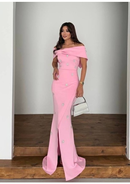 Nepali Taş Detaylı Abiye Elbise Pembe indirimleri