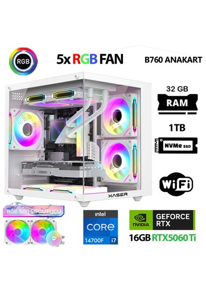 Cube X240 I7 14700F 32GB Ddr5 Ram 1tb M.2 Nvme SSD 16GB RTX5060 Ti Sıvı Soğutmalı Masaüstü Oyuncu Bilgisayarı