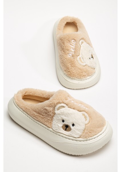 Kadın Ayıcık Desenli Peluş Yumuşak Hafif Ses Yapmayan Kaymaz Eva Taban Kışlık Ev Terliği