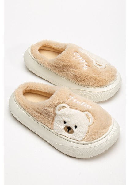 Kadın Ayıcık Desenli Peluş Yumuşak Hafif Ses Yapmayan Kaymaz Eva Taban Kışlık Ev Terliği