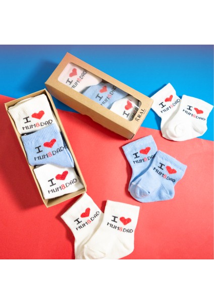 6 Çift Erkek Bebek Çorap Kutulu Patik Boy – I Love Mum Dad Desenli, Pamuklu