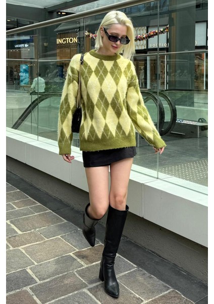 Yeşil Bisiklet Yaka Şardonlu Baklava Desenli Kazak MG2493 fiyatları