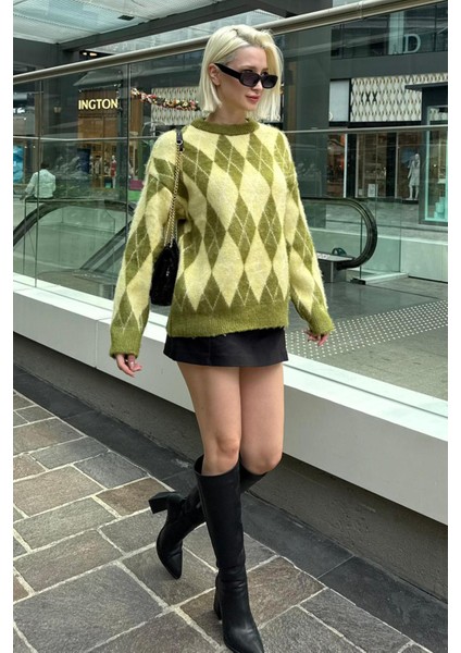 Yeşil Bisiklet Yaka Şardonlu Baklava Desenli Kazak MG2493 modelleri