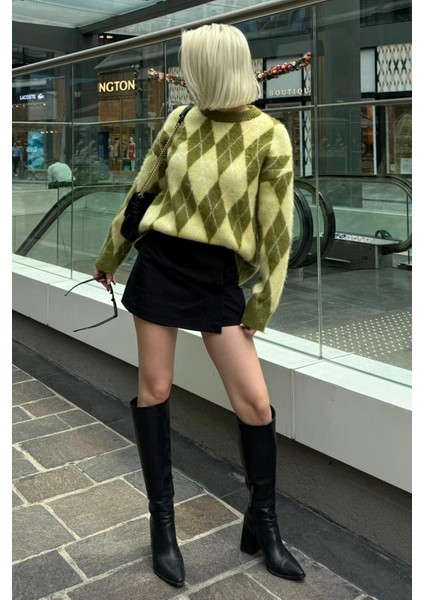 Yeşil Bisiklet Yaka Şardonlu Baklava Desenli Kazak MG2493 indirimleri