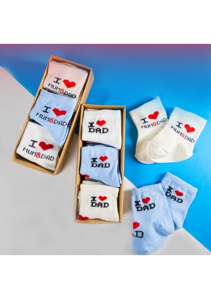 12 Çift Erkek Bebek Çorap Kutulu Patik Boy – I Love Mom Dad Desenli, Pamuklu