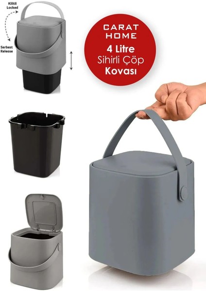 Click Kapaklı Tutma Saplı Iç Kovalı Tezgah Üst Mutfak Çöp Kovası 4 Lt Yedek Clipsli - Gri modelleri