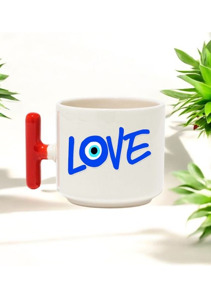 Love Yazı Tasarımlı Kırmızı T Kulplu Seramik Baskılı Kupa Bardak 250 ml