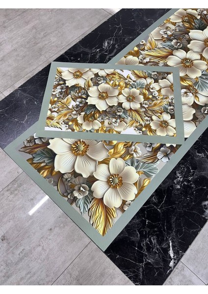 Zambak Işıltısı – 3D Çiçek Desenli Masa Runner & 4’lü Supla Takımı fiyatları