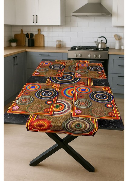 Boho Rings – 3D Etnik Halkalı Masa Runner & 4’lü Supla Takımı