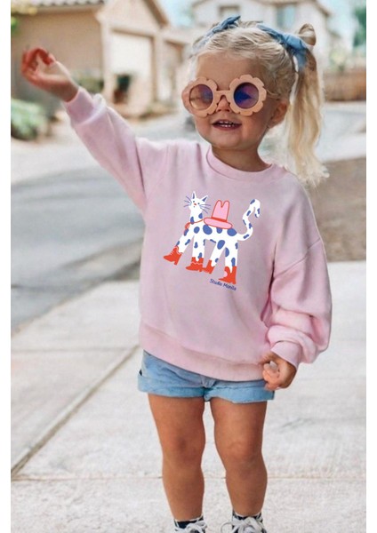 Kız Çocuk Kedi Baskılı 3 Iplik Kumaş Pamuklu Sweatshirt