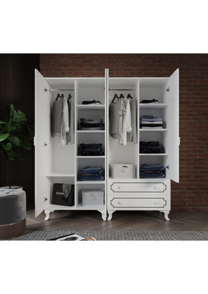 Stil 4 Kapaklı 2 Çekmeceli Moduler Gardırop, Elbise Dolabı - Tamamı Mdf