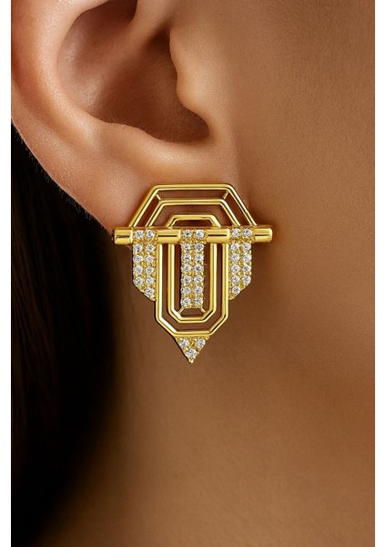 Altın Kaplama Geometrik Çelik Küpe Zirkon Taşlı Modern Tasarım Serenay ve Leyla Model