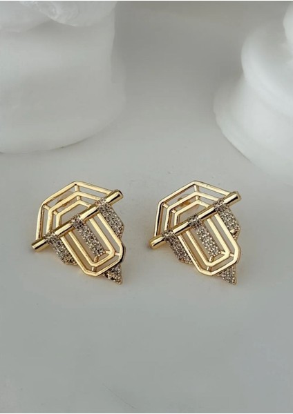 Altın Kaplama Geometrik Çelik Küpe Zirkon Taşlı Modern Tasarım Serenay ve Leyla Model modelleri