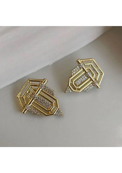 Altın Kaplama Geometrik Çelik Küpe Zirkon Taşlı Modern Tasarım Serenay ve Leyla Model fırsatları