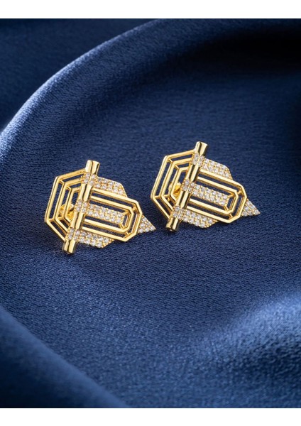 Altın Kaplama Geometrik Çelik Küpe Zirkon Taşlı Modern Tasarım Serenay ve Leyla Model