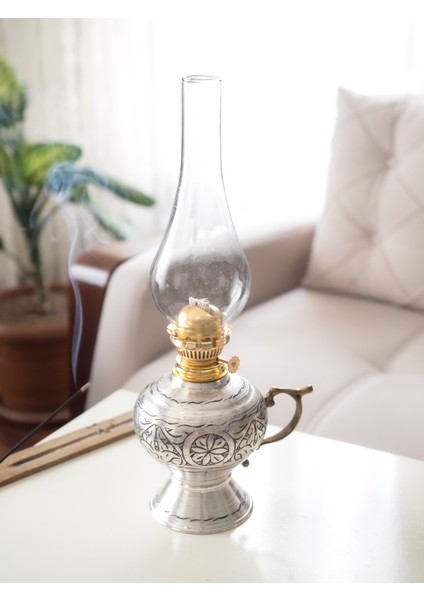 Bakır Gaz Lambası Oyma Nakış İşlemeli Gümüş Renk (Kalaylı)