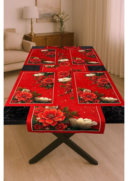 Aşk Gülü – 3D Kırmızı Gül Desenli Masa Runner & 4’lü Supla Takımı