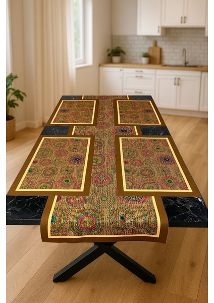 Altın Halkalar – 3D Otantik Desenli Masa Runner & 4’lü Supla Takımı