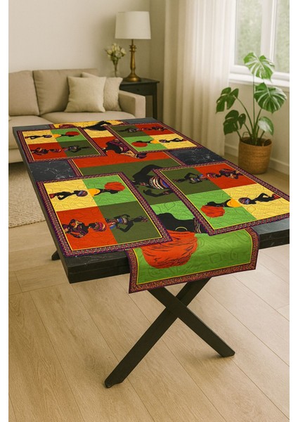 Savana – 3D Kültürel Desenli Masa Runner & 4’lü Supla Takımı