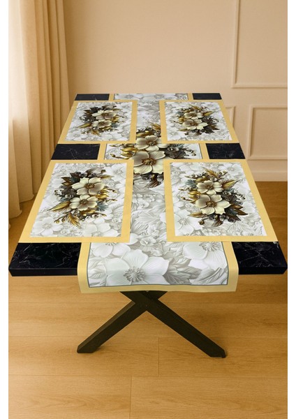 Magnolia Gold – 3D Çiçek Desenli Masa Runner & 4’lü Supla Takımı