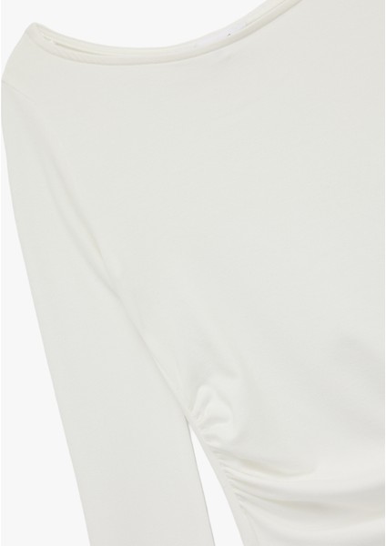 Kayık Yaka Drapeli Slim Fit Viskon Karışımlı Yırtmaçlı Uzun Kollu Tişört modelleri