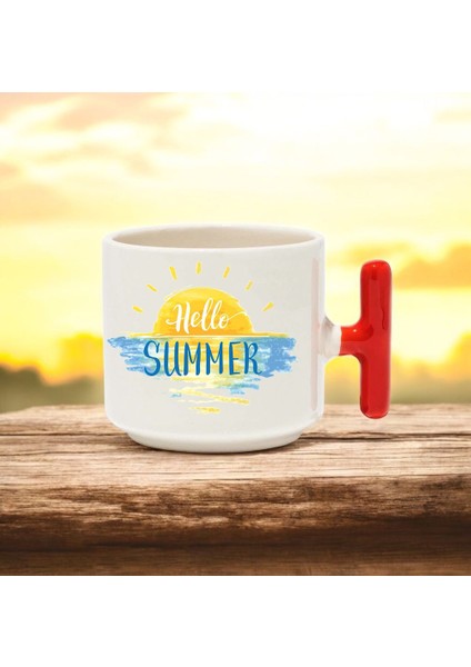 Hello Summer Yazı Tasarımlı Kırmızı T Kulplu Seramik Baskılı Kupa Bardak 250 ml