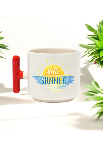 Hello Summer Yazı Tasarımlı Kırmızı T Kulplu Seramik Baskılı Kupa Bardak 250 ml fiyatları
