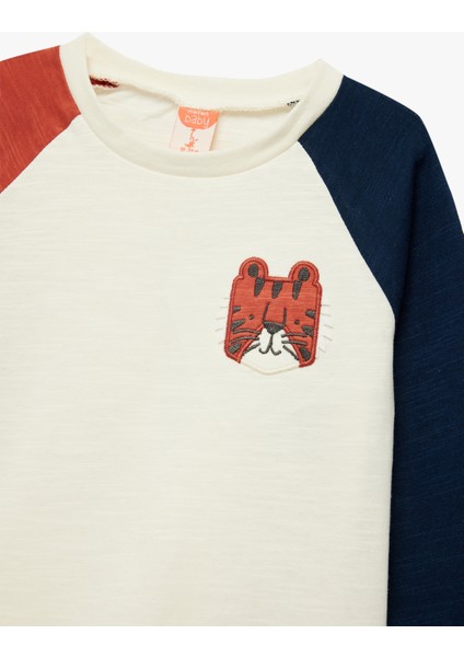 Pamuklu Nakışlı Uzun Kollu Renk Bloklu Bisiklet Yaka Tişört modelleri