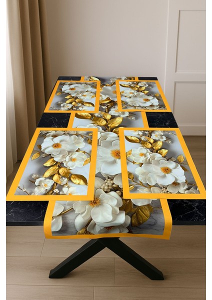 Lüks Sofra Takımı – 3D Çiçek ve Altın Yaprak Desenli Runner & Supla Takımı