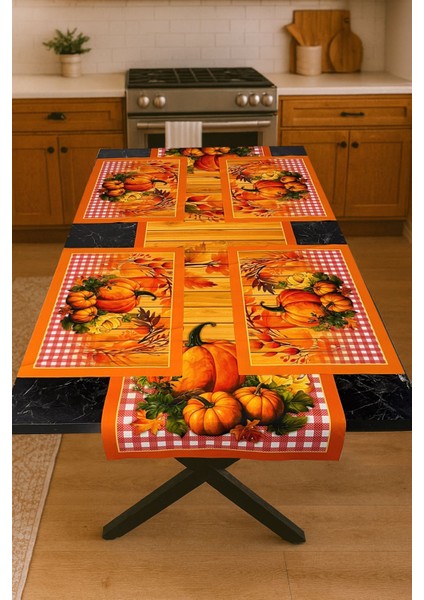 Sonbahar Hasadı – 3D Kabak Desenli Masa Runner & 4’lü Supla Takımı