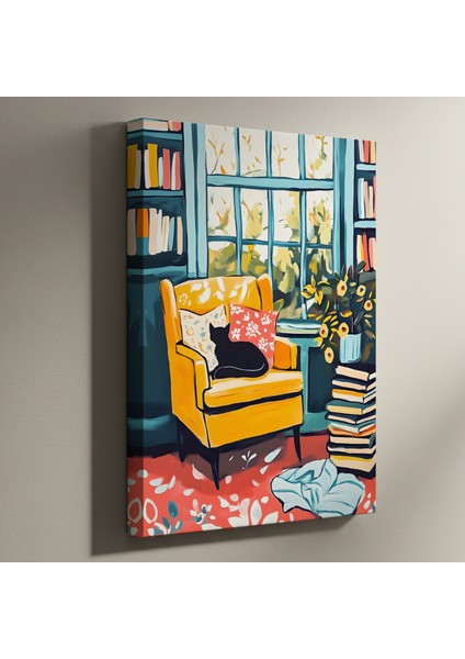 Sarı Koltukta Kedi Illüstrasyon Tablosu