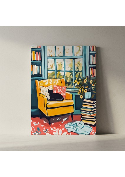 Sarı Koltukta Kedi Illüstrasyon Tablosu fiyatları