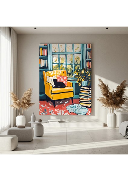 Sarı Koltukta Kedi Illüstrasyon Tablosu fırsatları