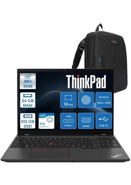 Thinkpad T16 Gen 2 Intel Core I5 1335U 24GB Ddd5 512GB SSD 16" Wuxga IPS 300NITS Freedos Taşınabilir Bilgisayar 21HH002PTXF04 + Zettaçanta
