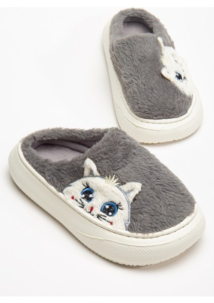 Kadın Kedicik Desenli Peluş Yumuşak Hafif Ses Yapmayan Kaymaz Eva Taban Kışlık Ev Terliği