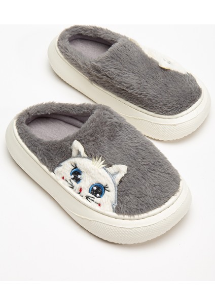 Kadın Kedicik Desenli Peluş Yumuşak Hafif Ses Yapmayan Kaymaz Eva Taban Kışlık Ev Terliği