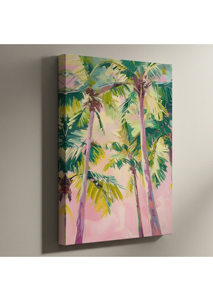 Pembe Günbatımı Palmiye Ağaçları Soyut Tablosu