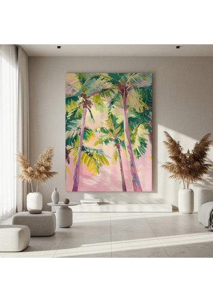 Pembe Günbatımı Palmiye Ağaçları Soyut Tablosu fırsatları