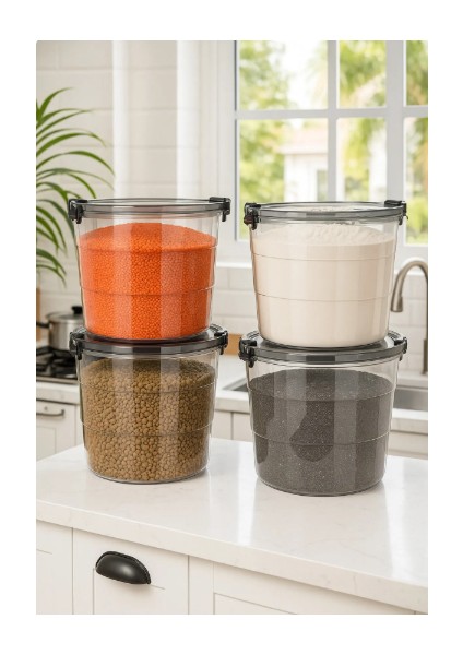 Mega Boy 4lü Yuvarlak Un Bakliyat Kabı - Kulplu Deterjanlık Saklama Kutusu 7 Litre Antrasit