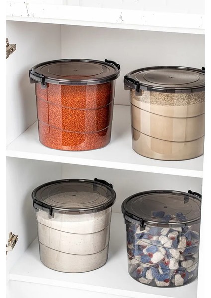 Mega Boy 4lü Yuvarlak Un Bakliyat Kabı - Kulplu Deterjanlık Saklama Kutusu 7 Litre Antrasit fiyatları