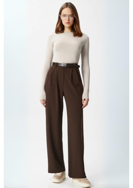 5009 Çift Pile Detay Kemerli Pantolon Kahve